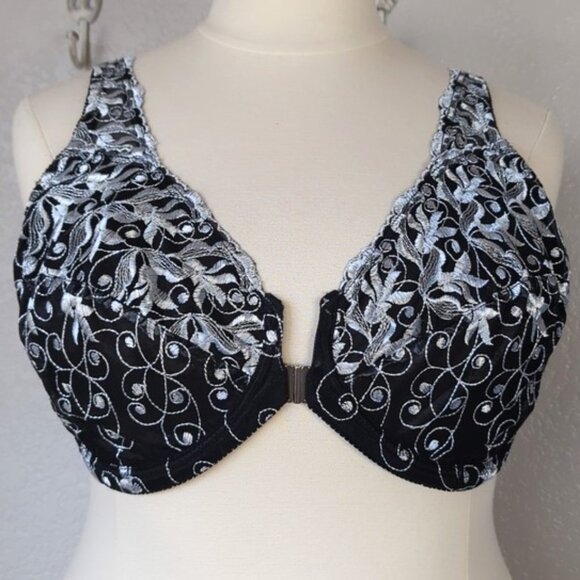 AMOUREUSE  Bra 42DD Black White Embroidered Front-Close Underwire Lightly Lined - Picture 1 of 5